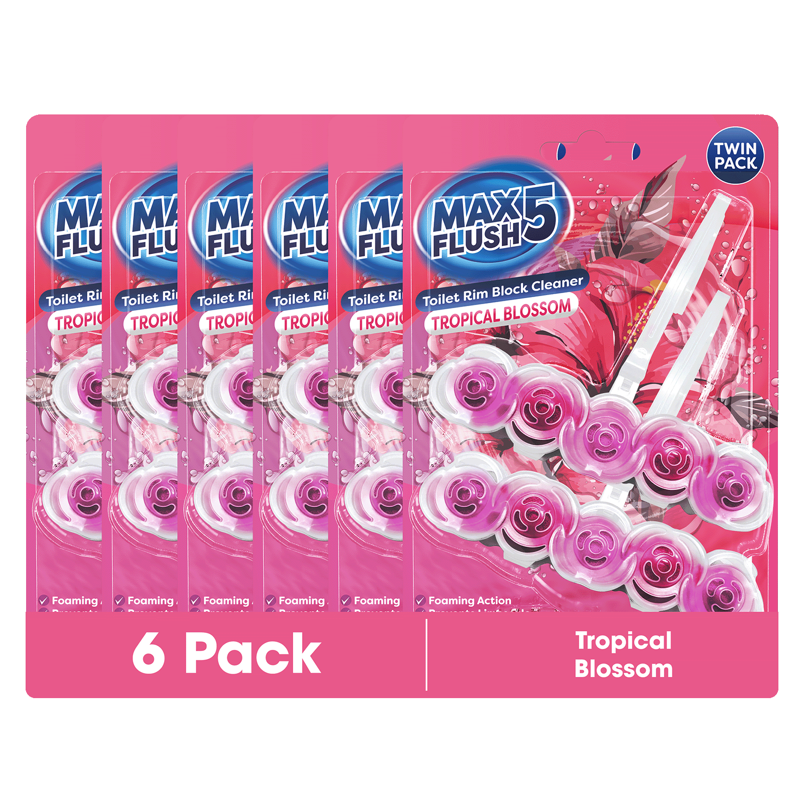 6x Max Flush 5 Toilet Rim Block Cleaner Twin Pack (6 x 2 = 12 x 45g Rim Blocks)