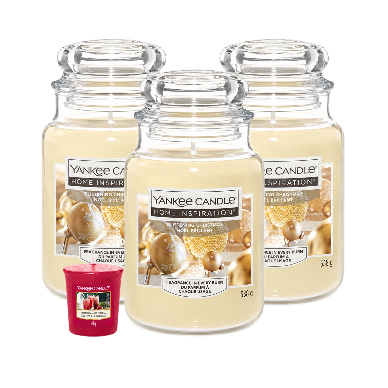 3x Yankee Candle Large Glass Jar 538g - Glistening Christmas - With Free Votive