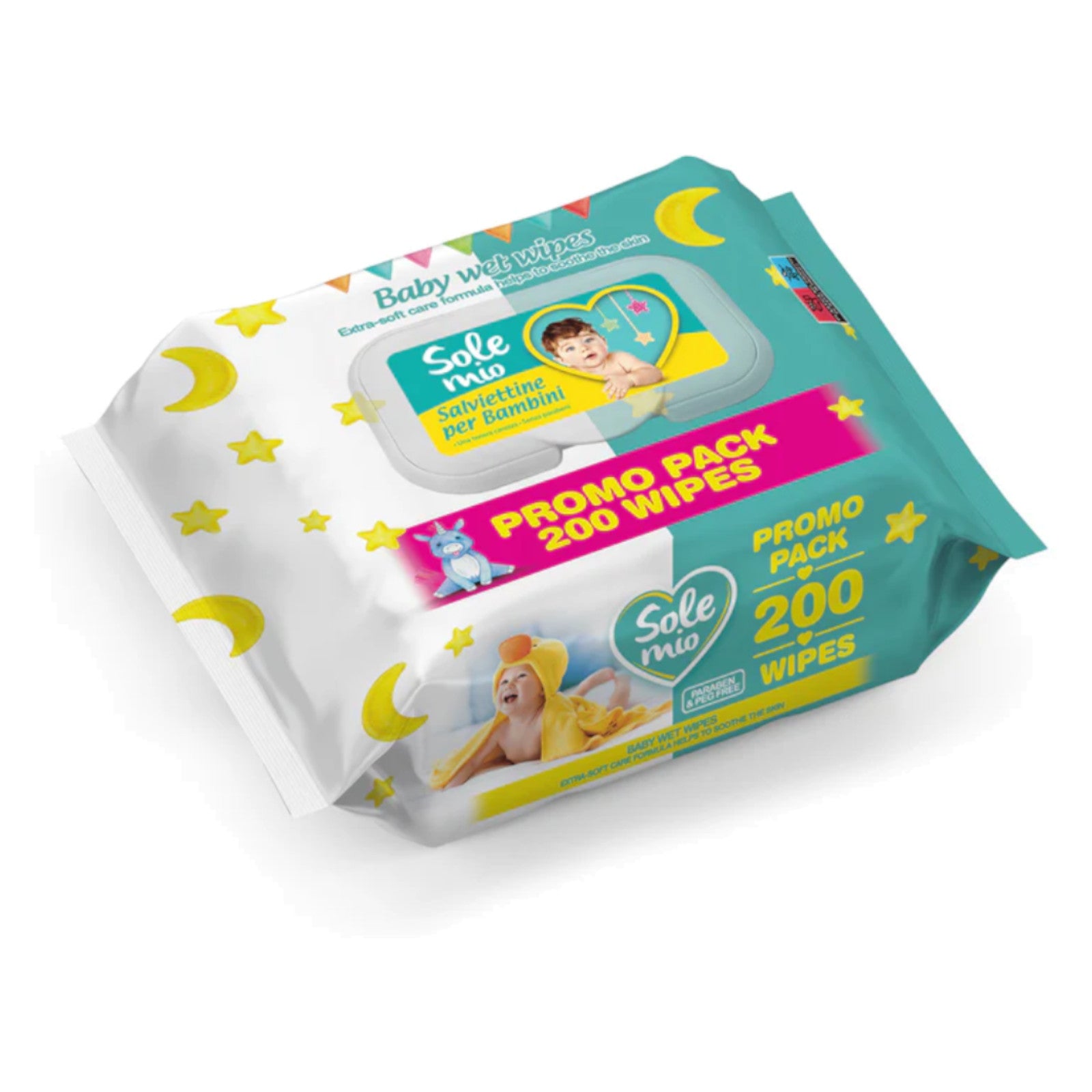 16 Packs of Sole Mio Extra-Soft Baby Wipes, 200 Wipes/Pack - 3200 Wipes in Total