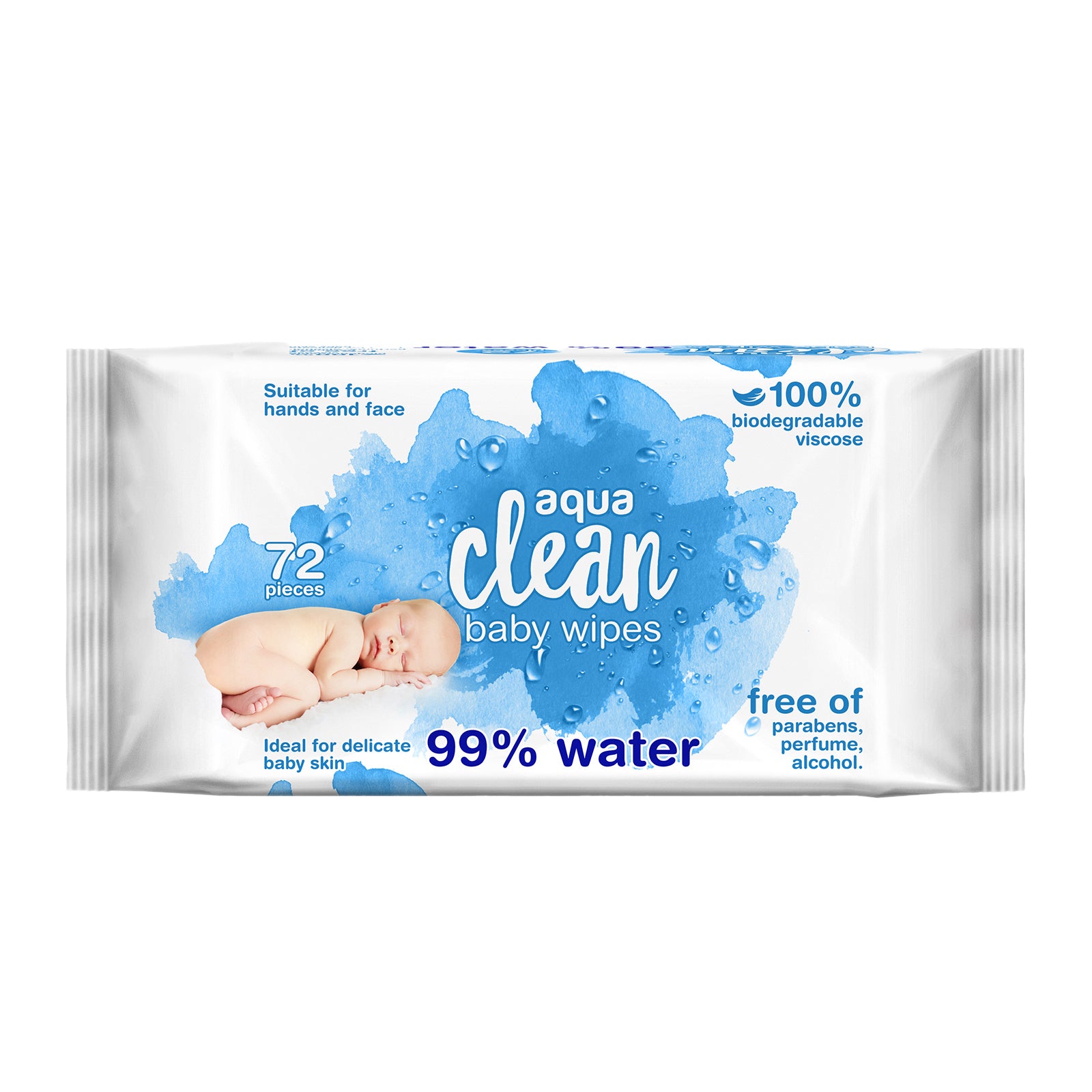3 PACKS AQUA CLEAN BABY WIPES 99% WATER (72 WIPES PER PACK) BIODEGRADABLE