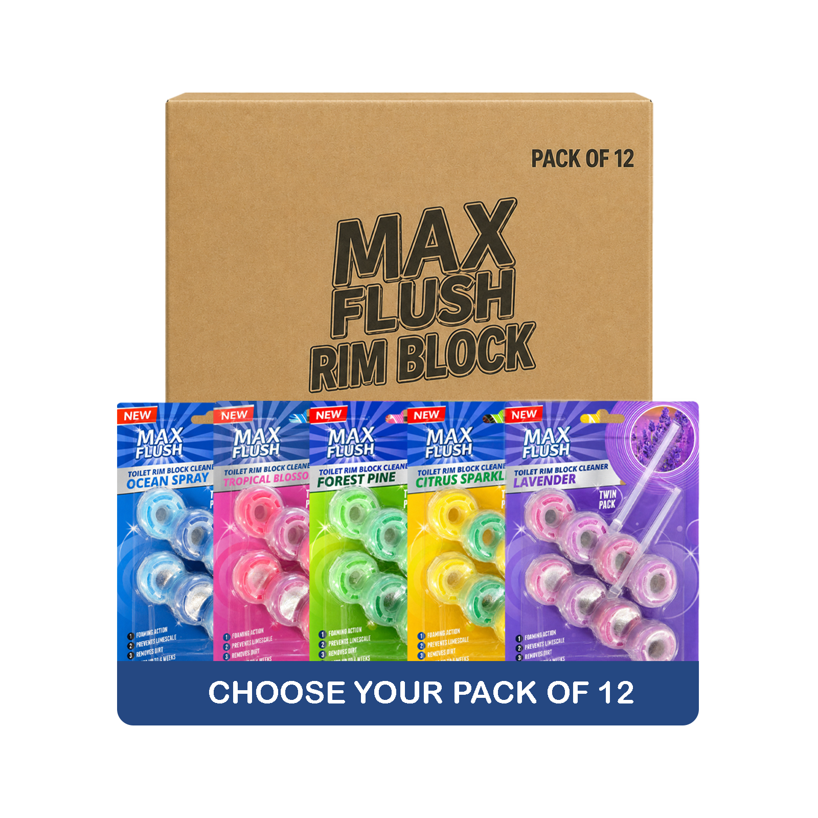 12x Max Flush Toilet Rim Block Cleaner - 2x50g Per Pack - 24x50g (1.2kg) Total