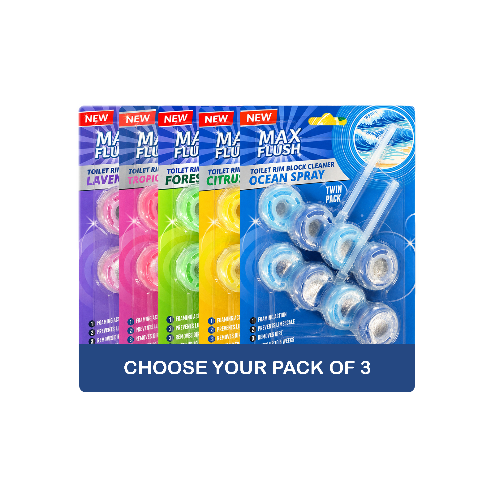3x Max Flush Toilet Rim Block Cleaner - 2x50g Per Pack - 6x50g (300g) Total