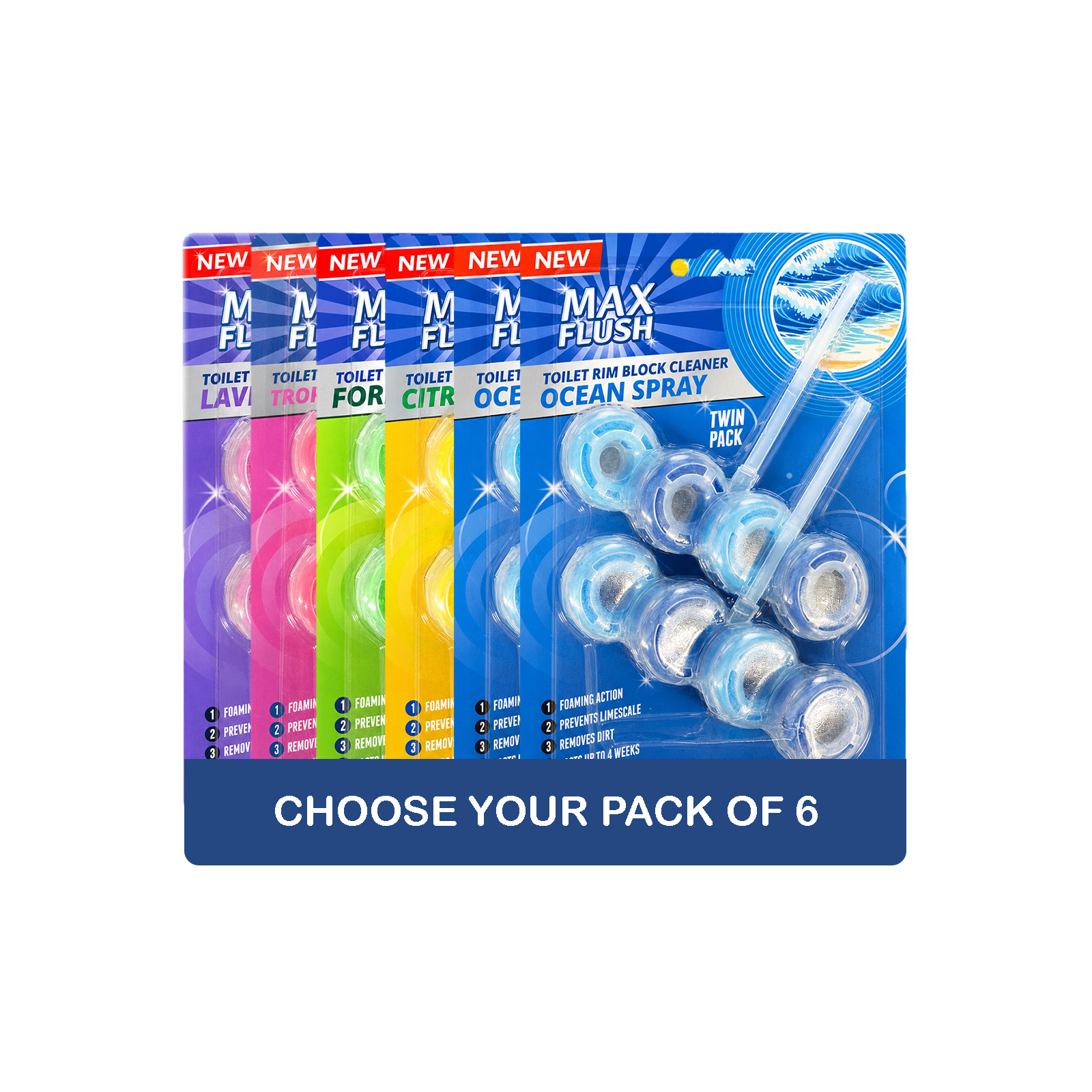 6x Max Flush Toilet Rim Block Cleaner - 2x50g Per Pack - 12x50g (600g) Total