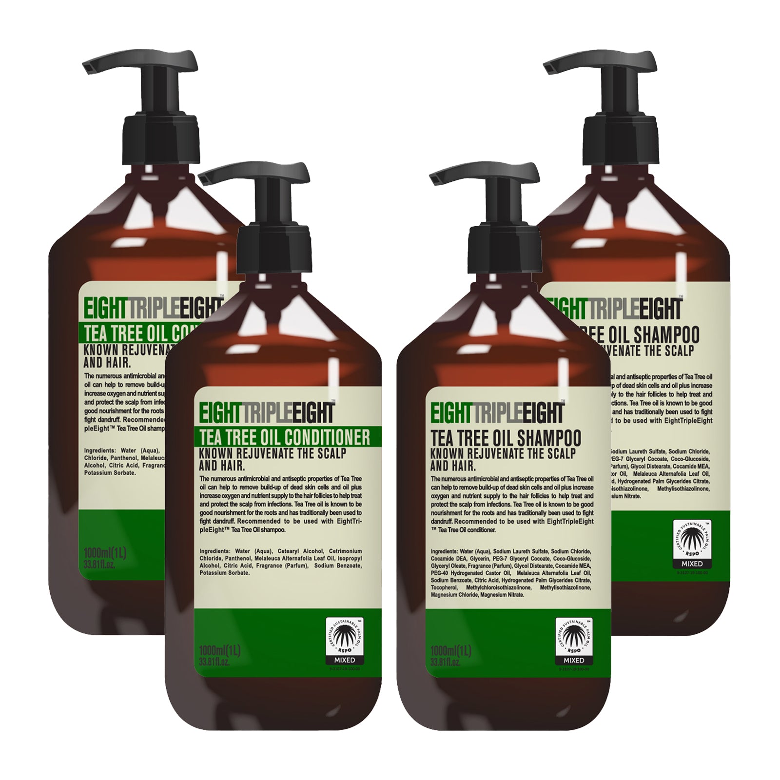 EightTripleEight Tea Tree Oil Hair Care Set- 2x Shampoo & 2x Conditioner 1L