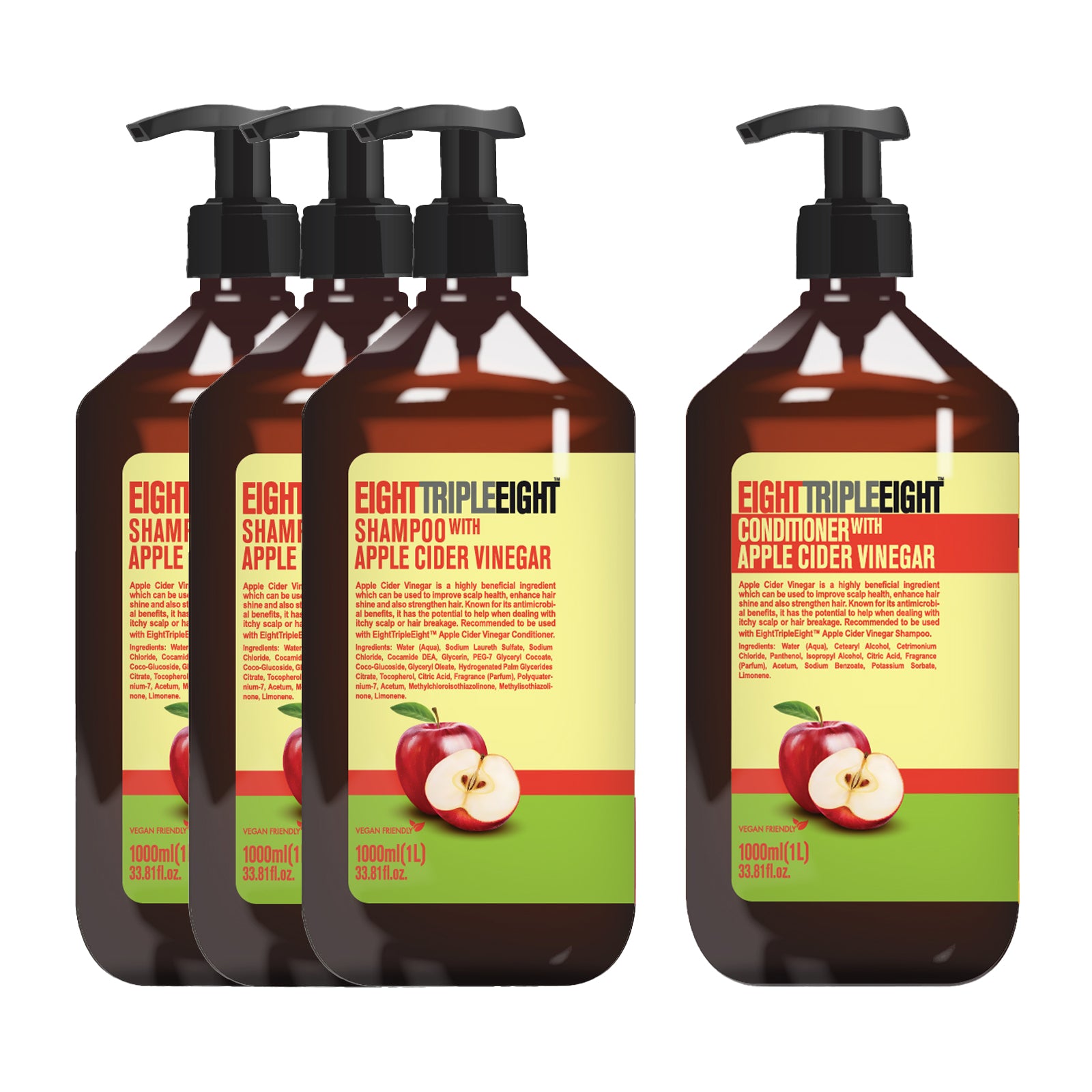 EightTripleEight Apple Cider Vinegar Hair  3x Shampoo & 1x Conditioner 1 Litre