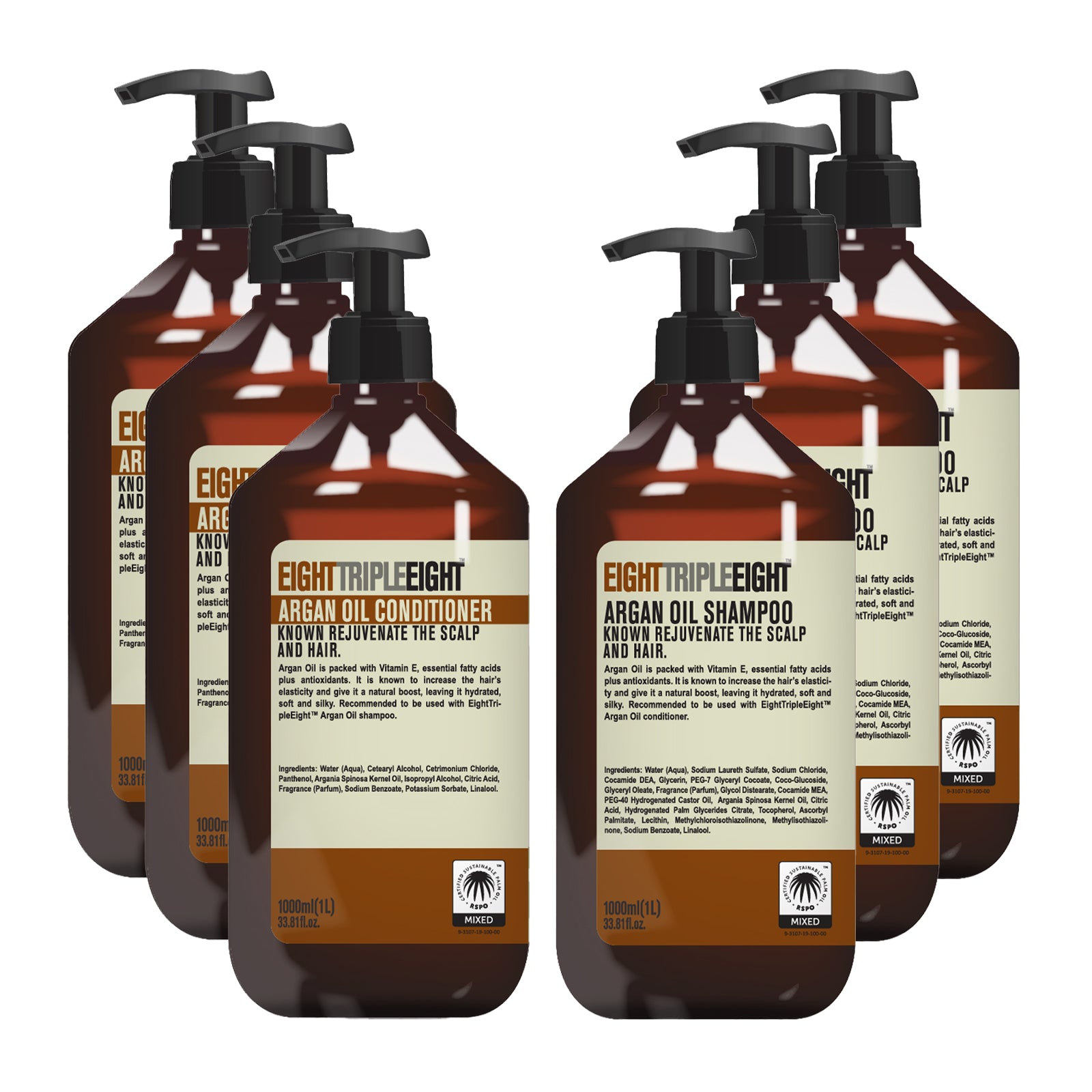 EightTripleEight Argan Oil Hair Care Set- 3x Shampoo & 3x Conditioner- 1L