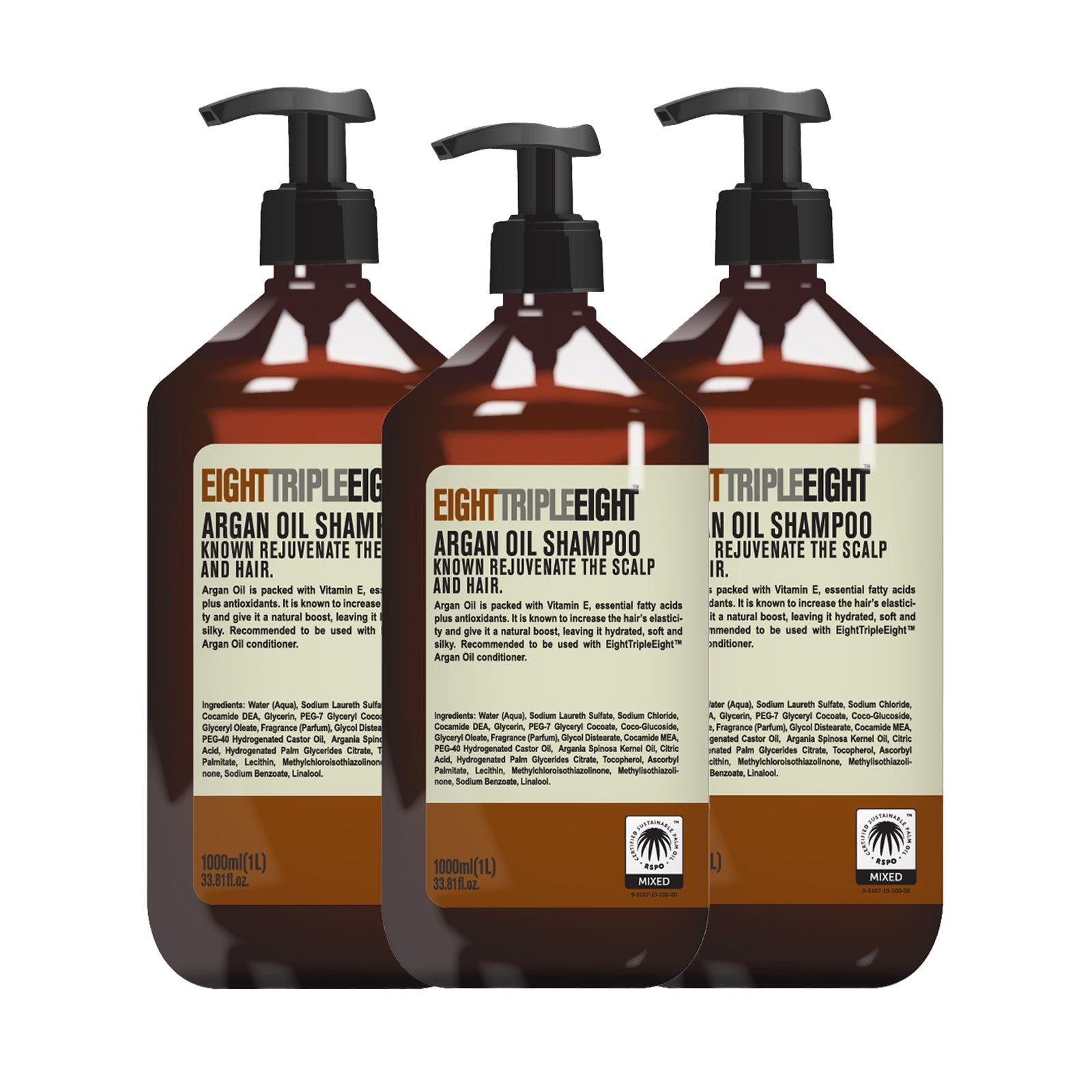 3x EightTripleEight Argan Oil Hair Shampoo 1L