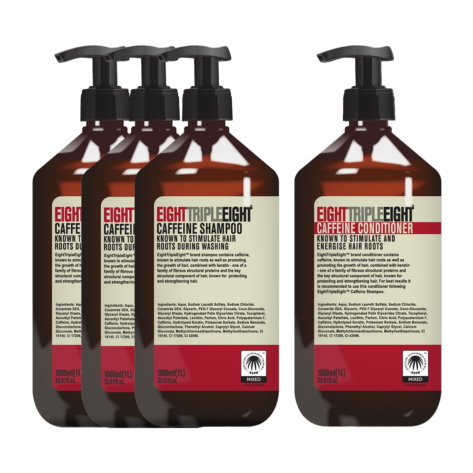 EightTripleEight Caffeine 3x Shampoo & 1x Conditioner 1L
