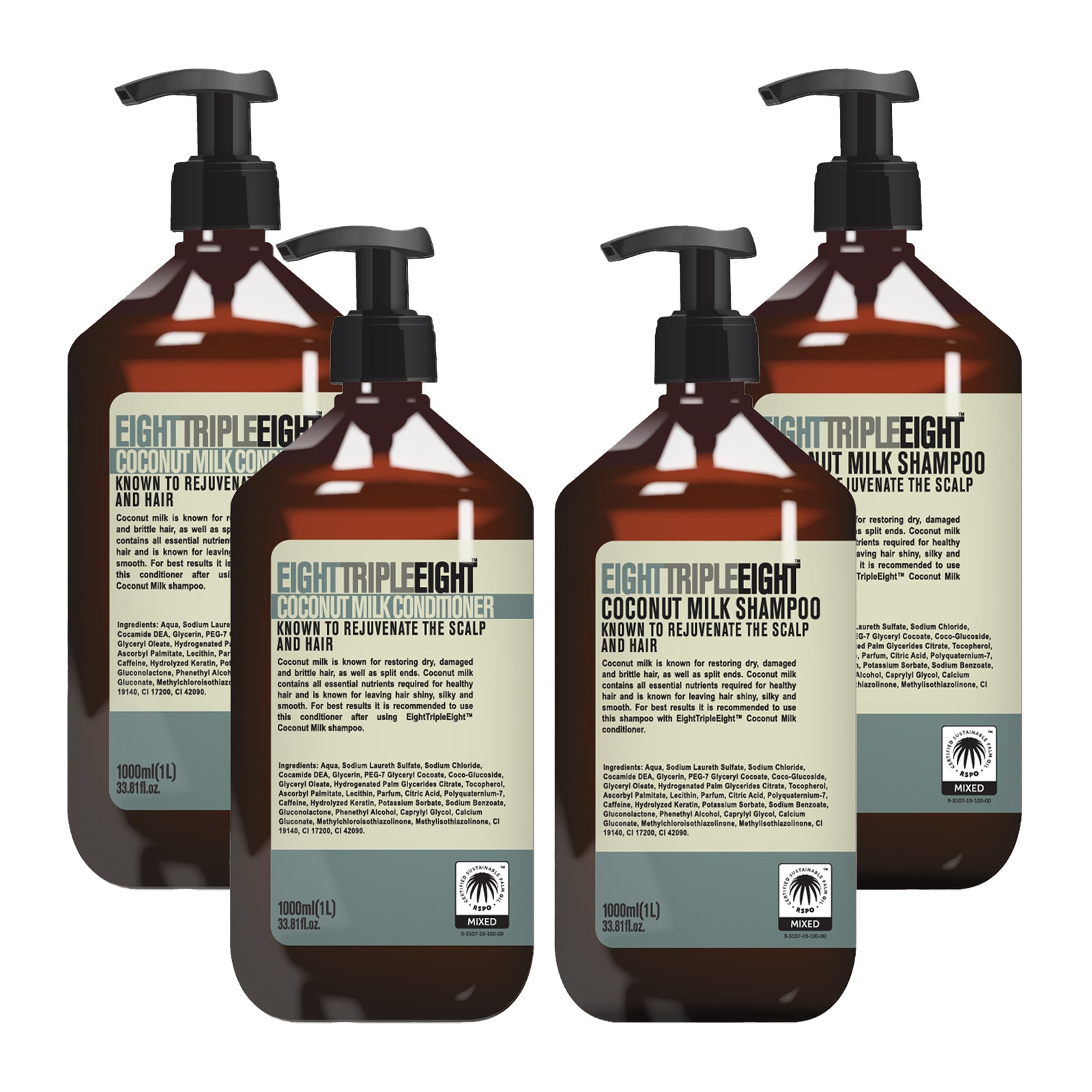 EightTripleEight Coconut Milk 2x Shampoo & 2x Conditioner 1L