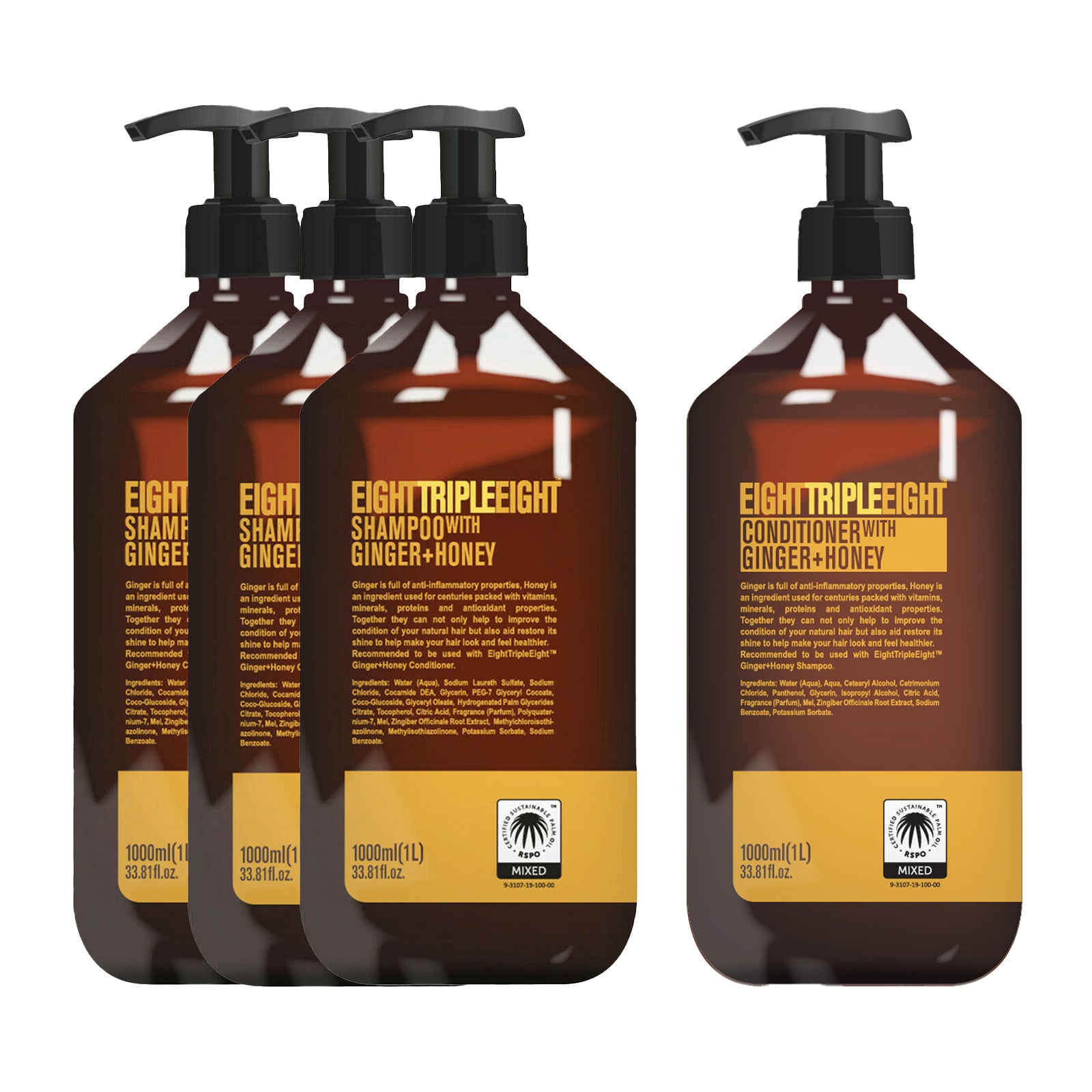 Eight Triple Eight Ginger + Honey 3x Shampoo & 1x Conditioner 1000 ML with Pump
