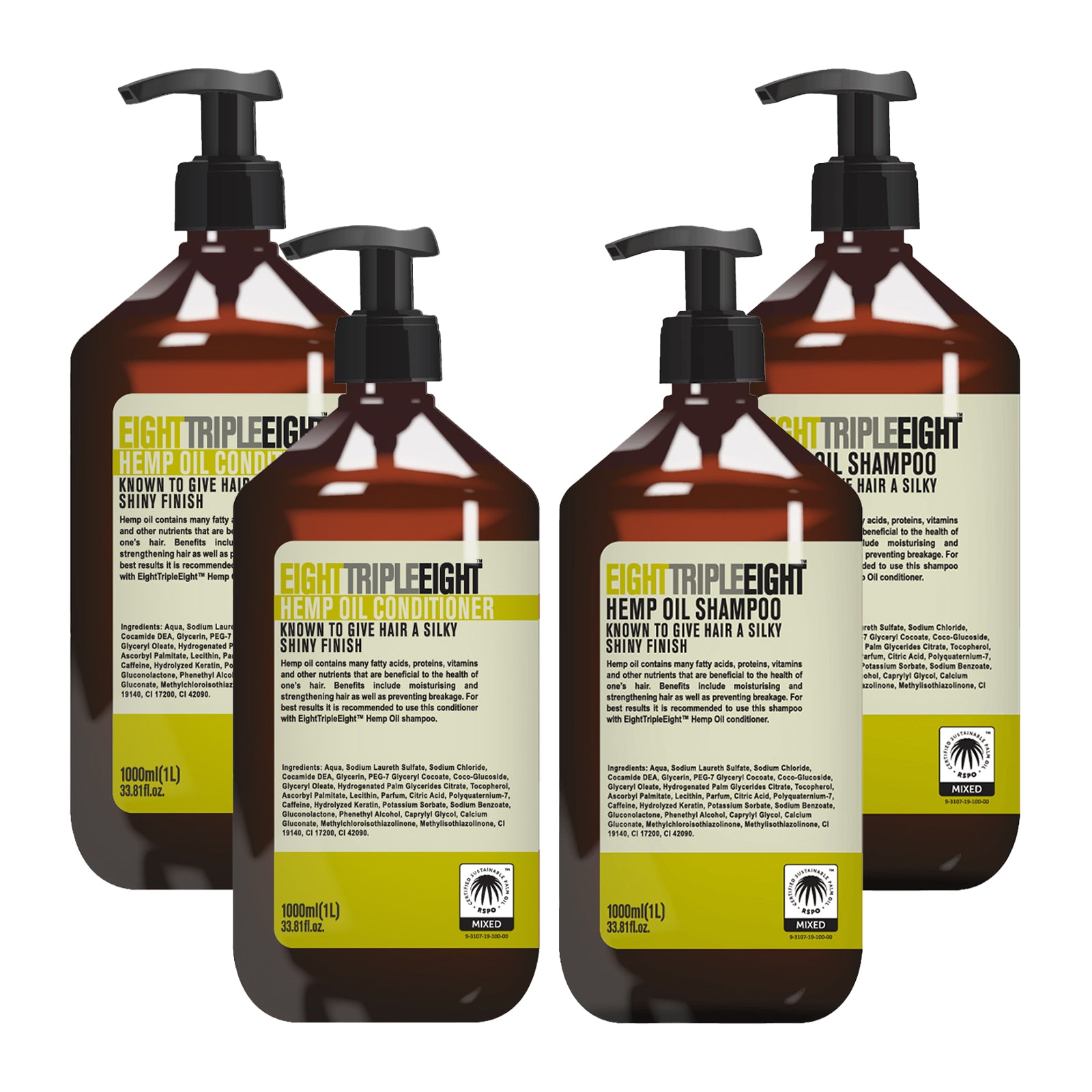 EightTripleEight Hemp Oil 2x Shampoo & 2x Conditioner 1L