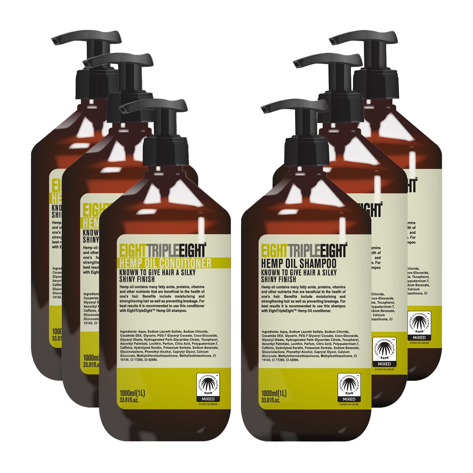 EightTripleEight Hemp Oil - 3x Shampoo & 3x Conditioner 1L