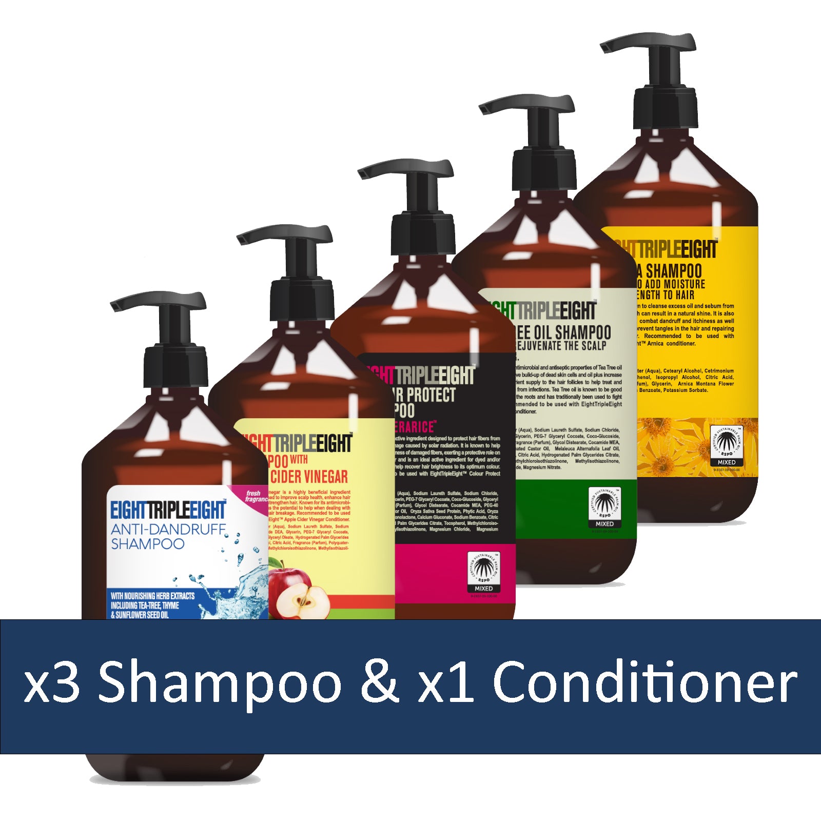 Eight Triple Eight Shampoo and Conditioner Pack of 4, 3 Shampoo and 1 Conditioner, All Hair Types, Everyday Hair Care
