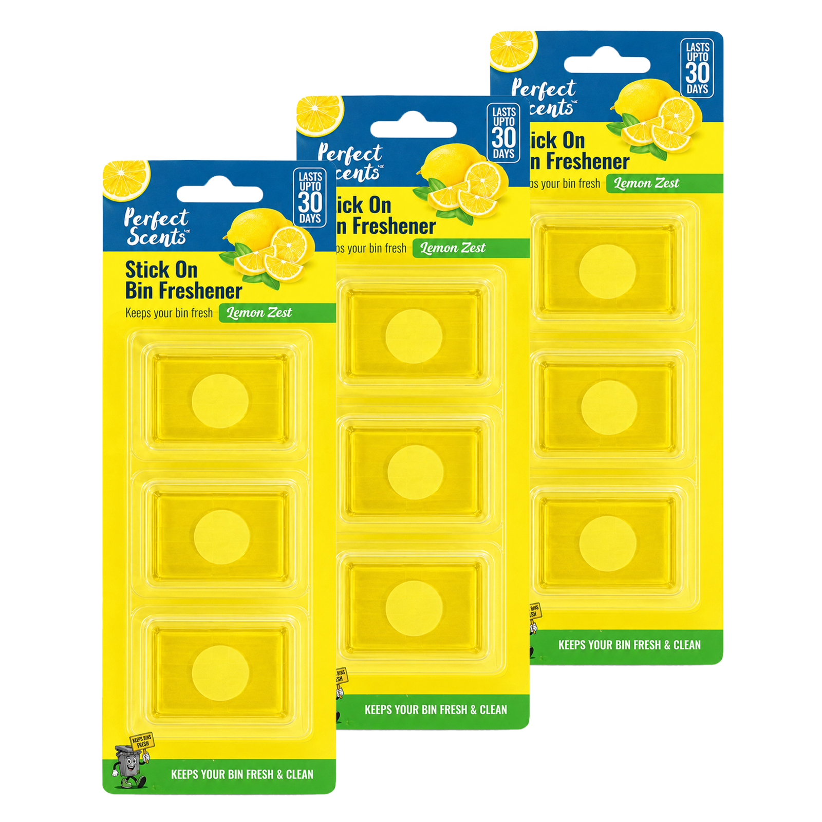 3x Perfect Scents Stick On Bin Freshener - Lemon Zest - 3x5g (15g) per pack - 9x5g (45g) Total