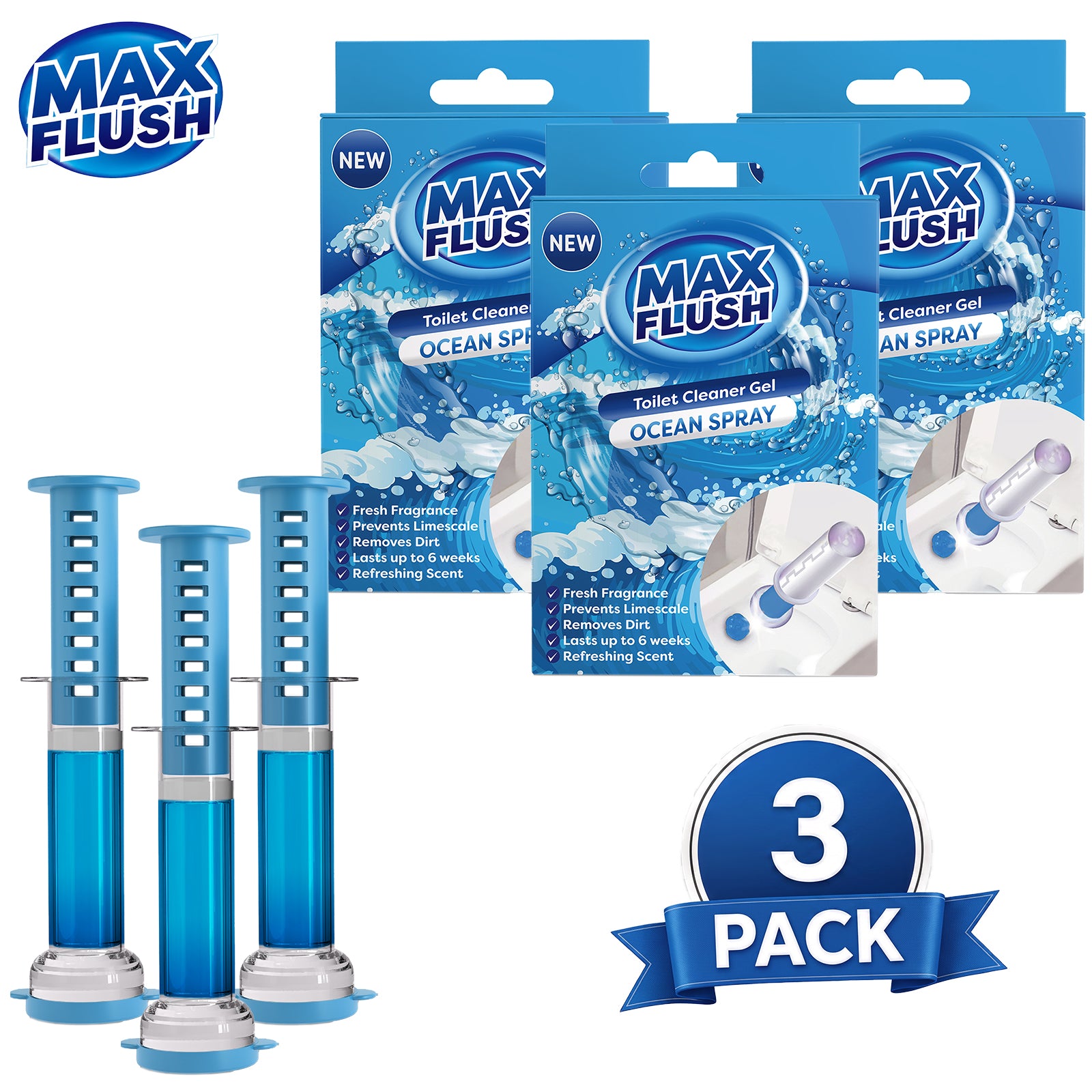 3x Max Flush Toilet Cleaner Gel  45ml  Lasting Up To 6 Weeks