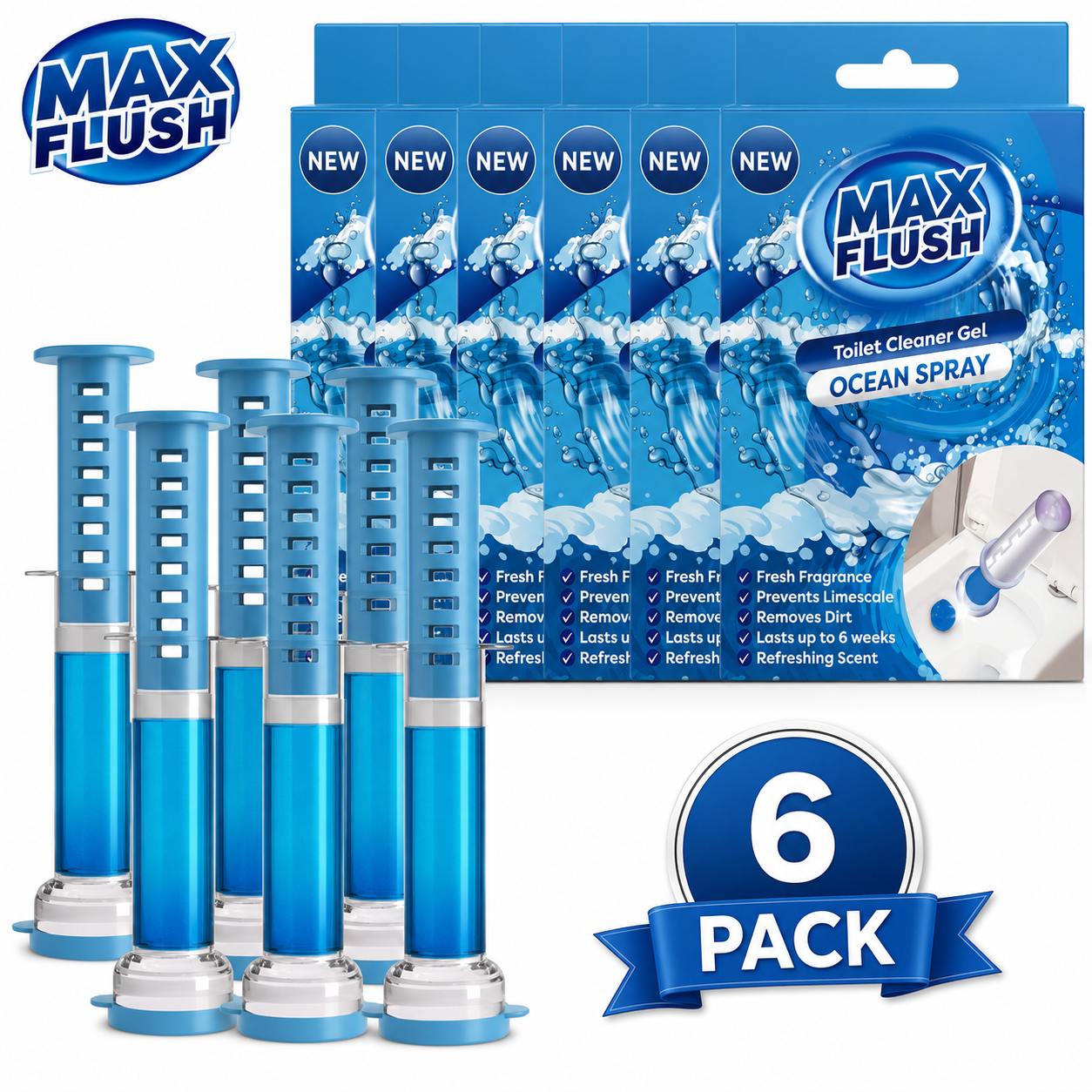 6x Max Flush Toilet Cleaner Gel  45ml  Lasting Up To 6 Weeks