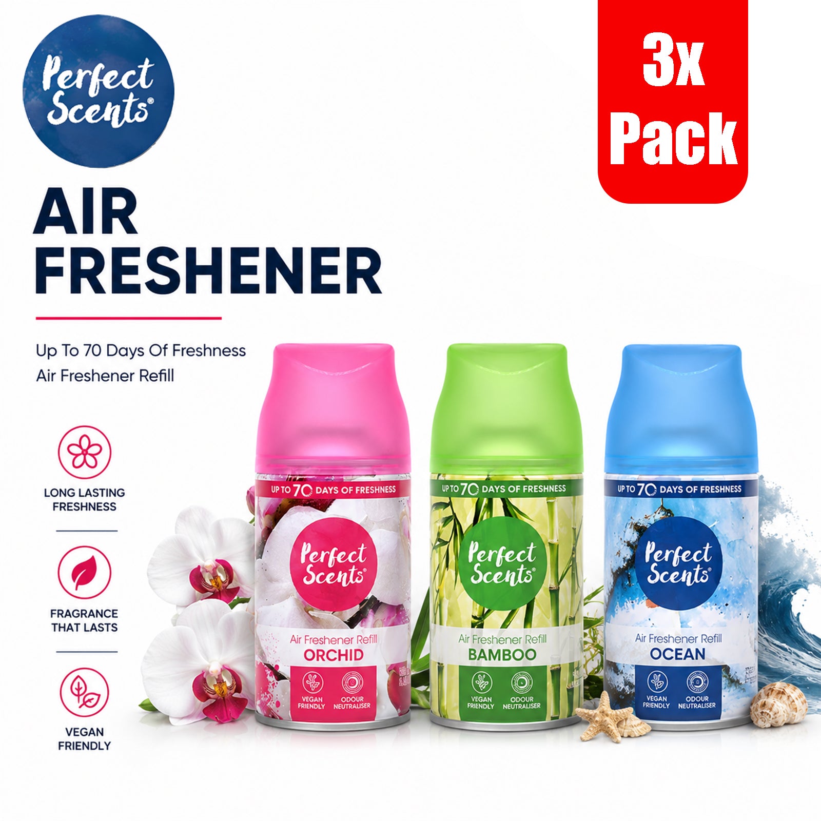 3x Perfect Scents Air Freshener Automatic Spray Refills 250ml