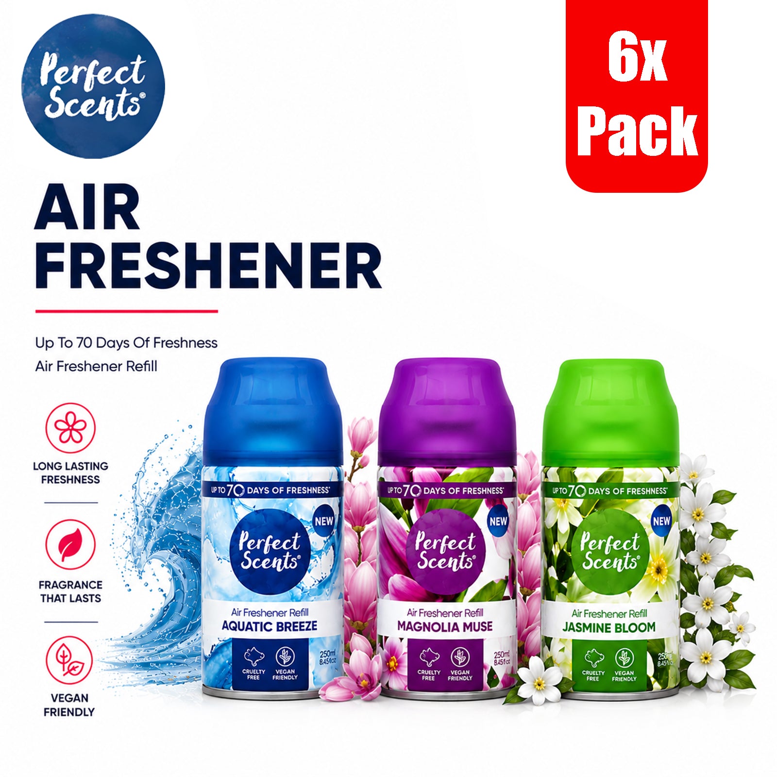 6x Perfect Scents Air Freshener Automatic Spray Refills 250ml