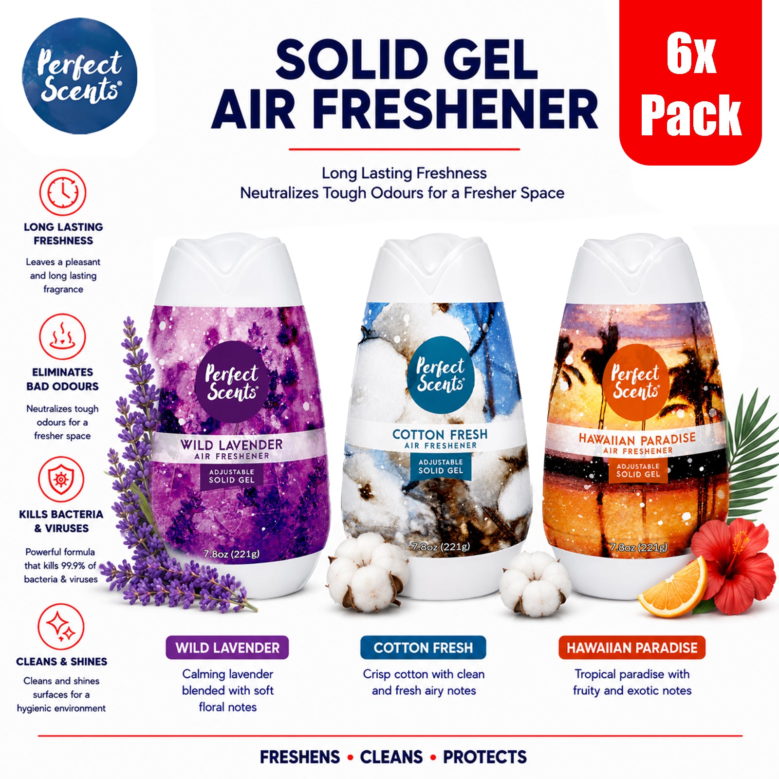6x Perfect Scents  Solid Gel Air Freshener For Home, Kitchen & Bathroom  221g