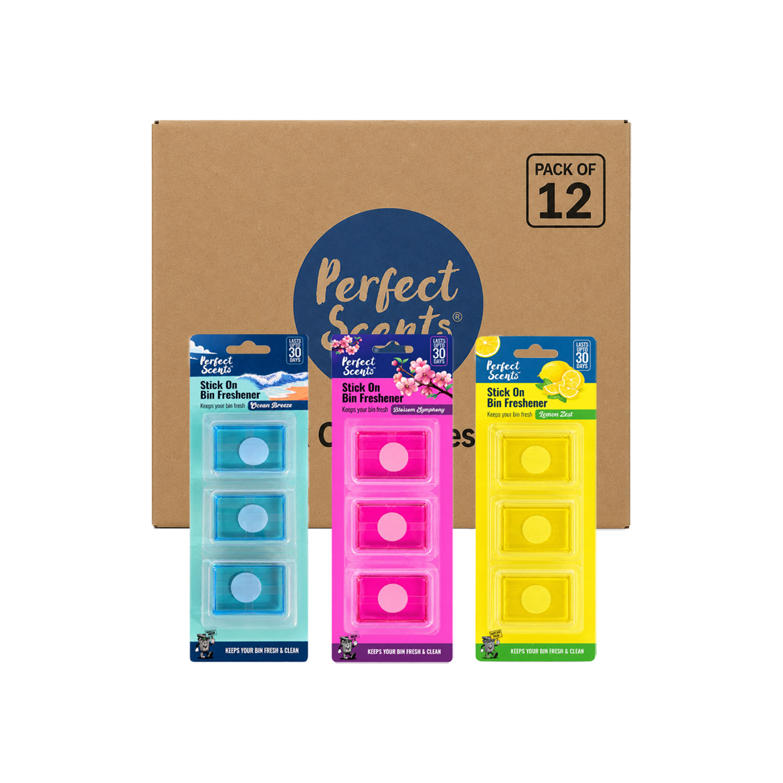 12x Perfect Scents Stick On Bin Freshener - Mixed Scents - 3x5g (15g) per pack - 36x5g (180g) Total