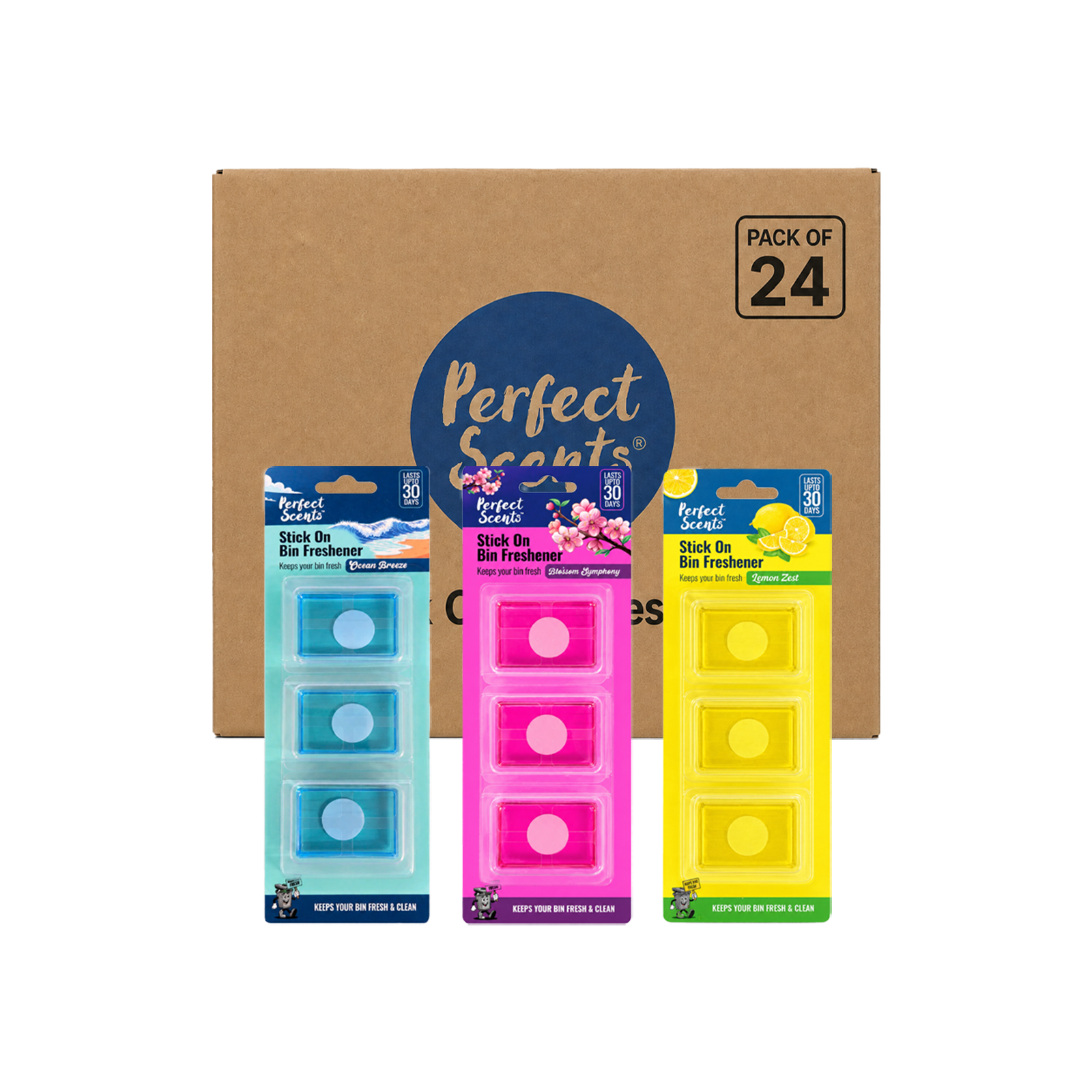 24x Perfect Scents Stick On Bin Freshener - Mixed Scents - 3x5g (15g) per pack - 72x5g (360g) Total