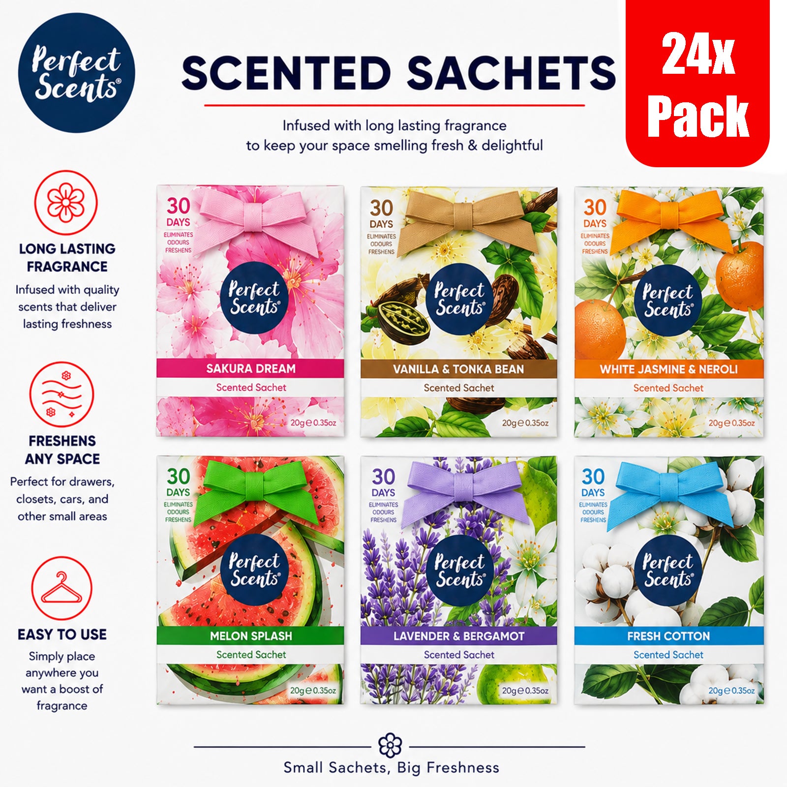 Perfect Scents Scented Sachets 20g Pack of 24, Long Lasting Fragrance Sachets for Drawers, Wardrobes & Small Spaces, 480g Total