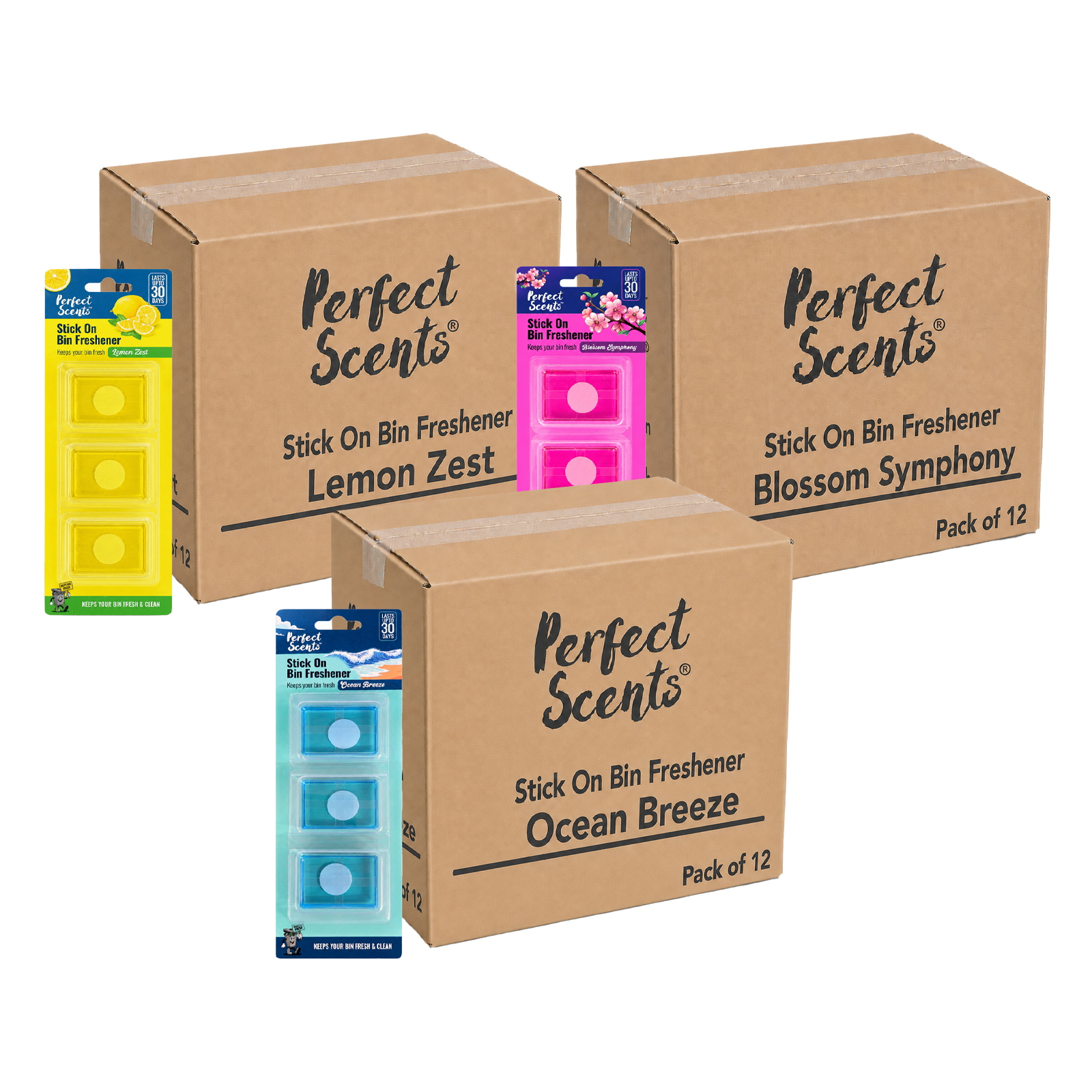 12x Perfect Scents Stick On Bin Freshener - Mixed Scents - 3x5g (15g) per pack - 36x5g (180g) Total
