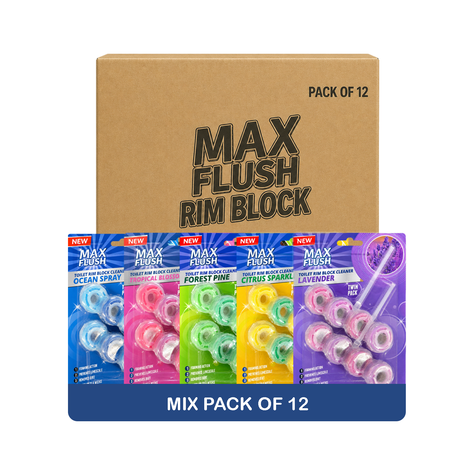12x Max Flush Toilet Rim Block Cleaner - 2x50g Per Pack - 24x50g (1.2kg) Total