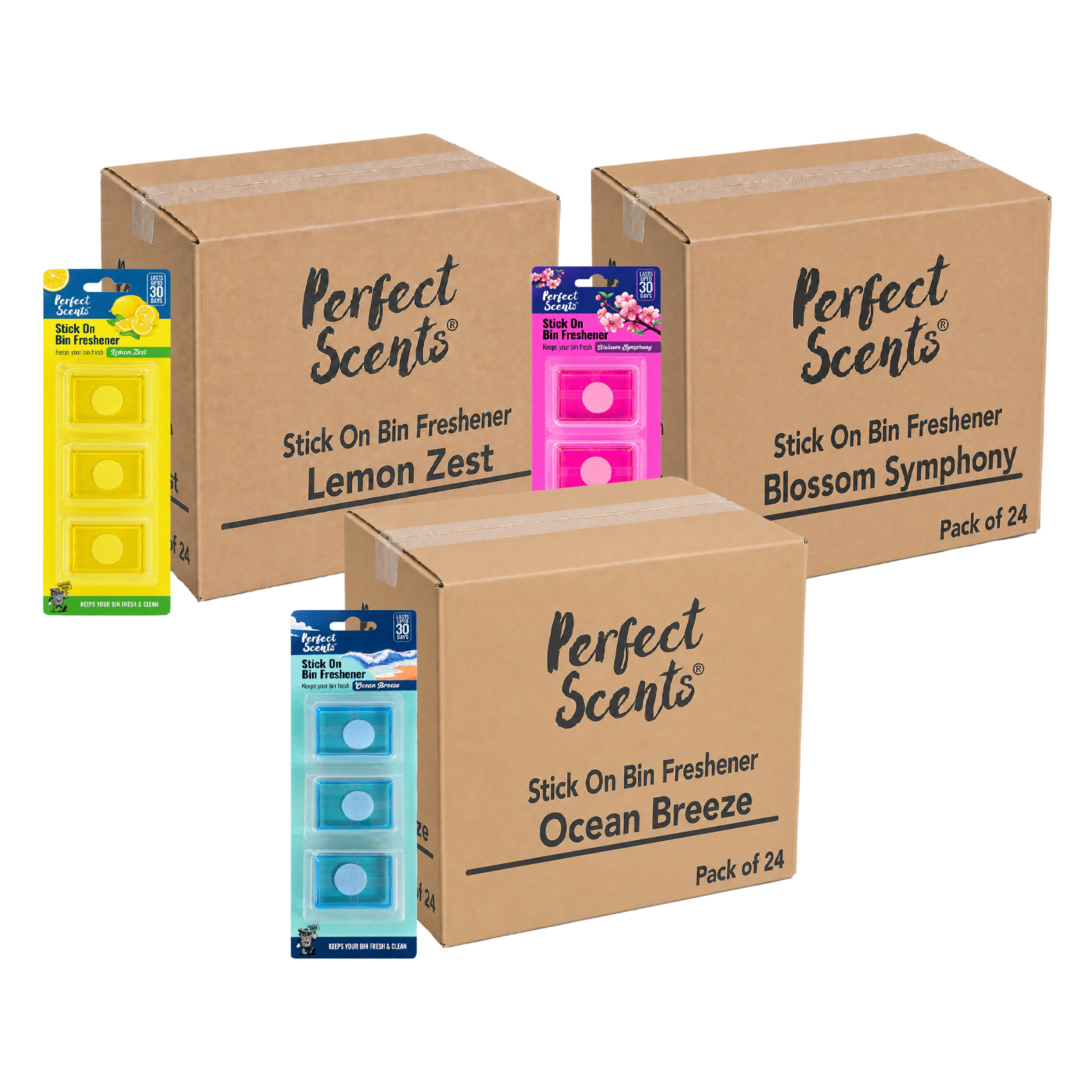 24x Perfect Scents Stick On Bin Freshener - Mixed Scents - 3x5g (15g) per pack - 72x5g (360g) Total