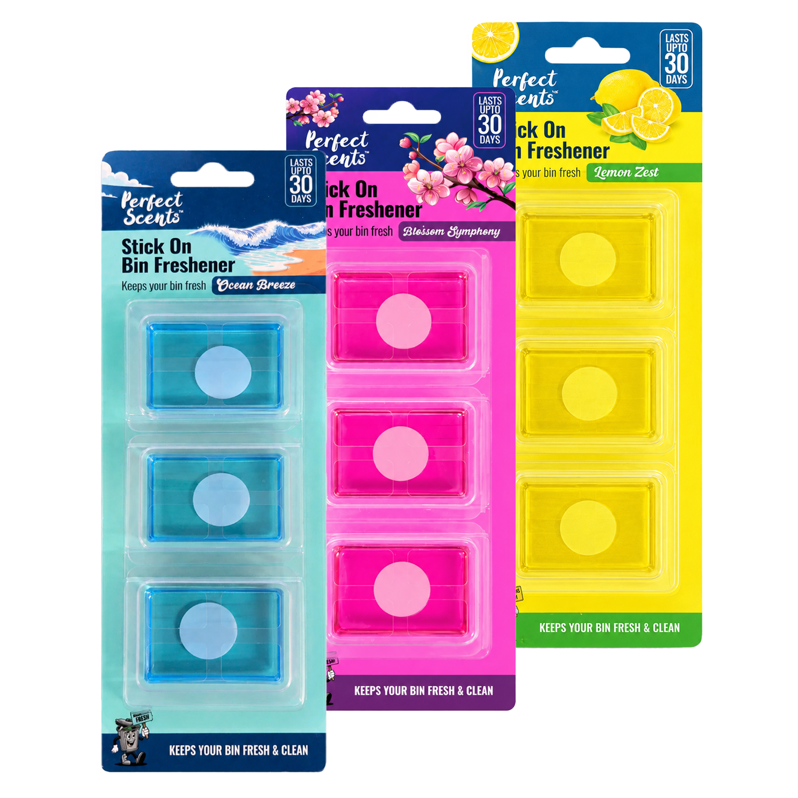 3x Perfect Scents Stick On Bin Freshener - Mixed Scents - 3x5g (15g) per pack - 9x5g (45g) Total
