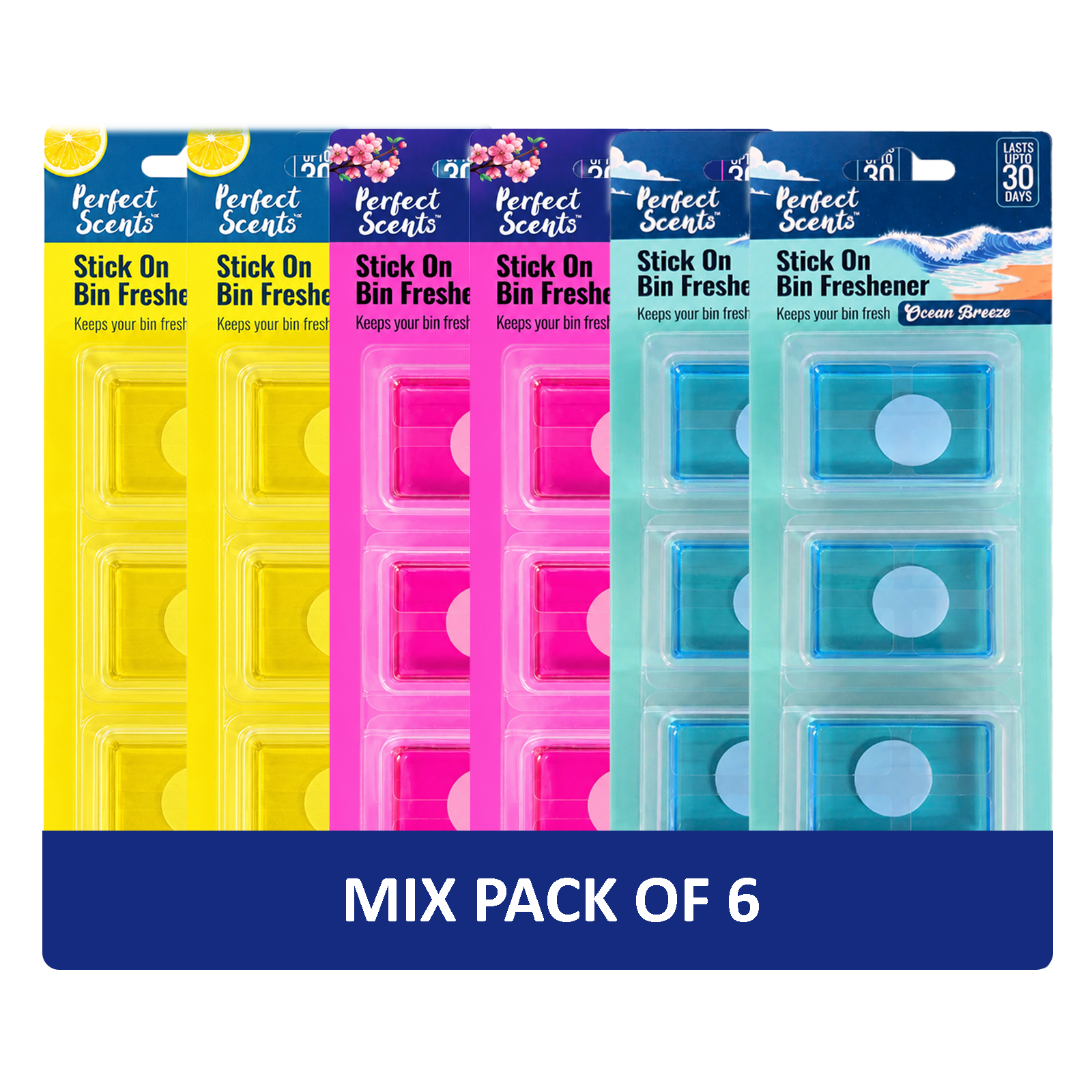 6x Perfect Scents Stick On Bin Freshener - Mixed Scents - 3x5g (15g) per pack - 18x5g (90g) Total