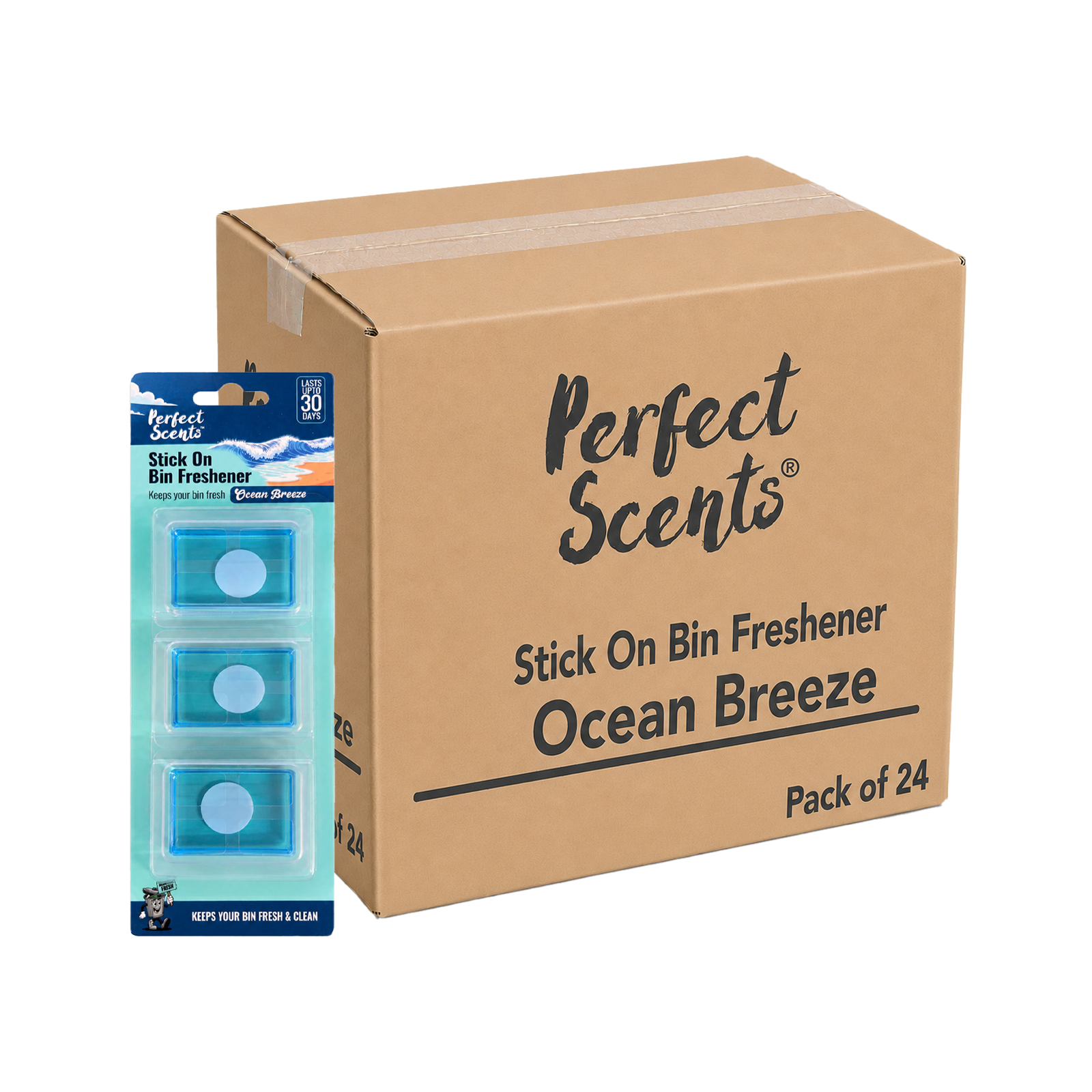 24x Perfect Scents Stick On Bin Freshener - Ocean Breeze - 3x5g (15g) per pack - 72x5g (360g) Total