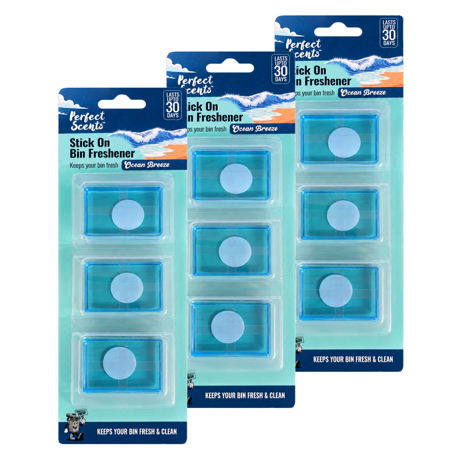 3x Perfect Scents Stick On Bin Freshener - Ocean Breeze - 3x5g (15g) per pack - 9x5g (45g) Total