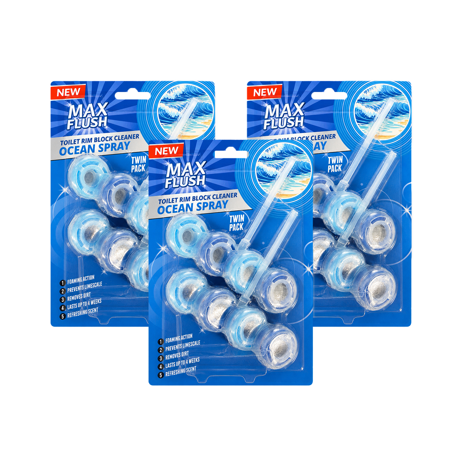3x Max Flush Toilet Rim Block Cleaner - 2x50g Per Pack - 6x50g (300g) Total