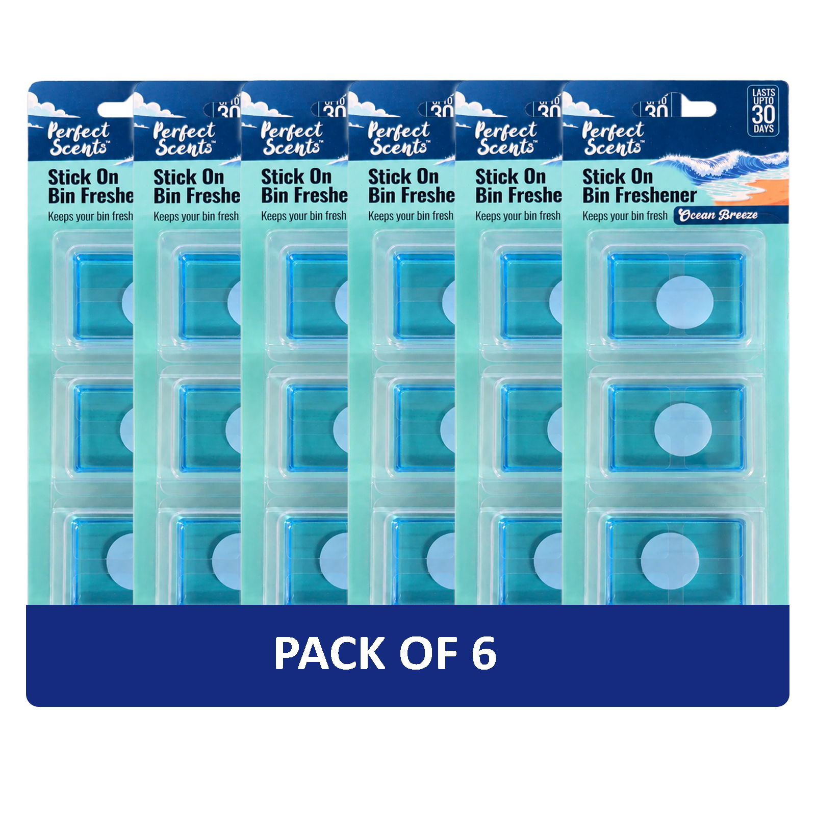 6x Perfect Scents Stick On Bin Freshener - Ocean Breeze - 3x5g (15g) per pack - 18x5g (90g) Total
