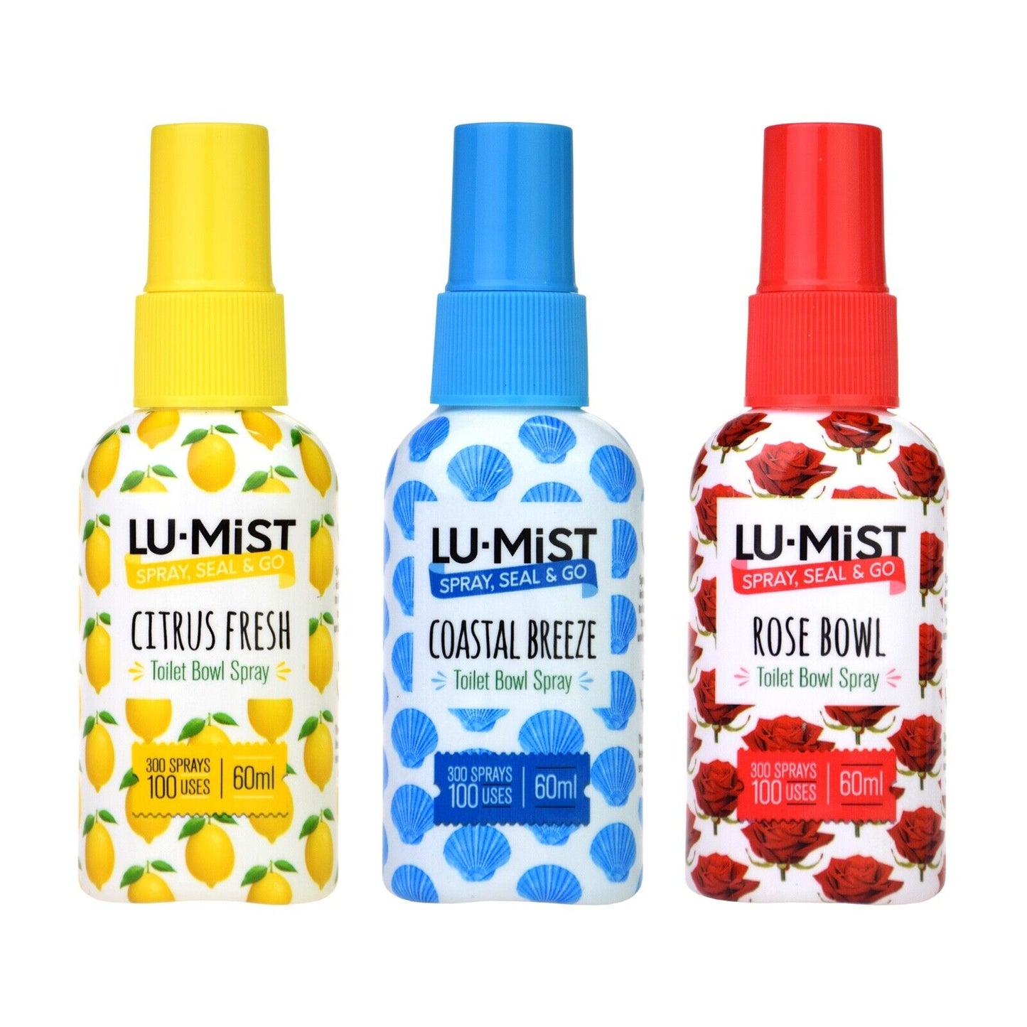 3x Lu-Mist Toilet Spray - Rose, Lemon, Coastal - 1 of Each 60ml/300 Sprays