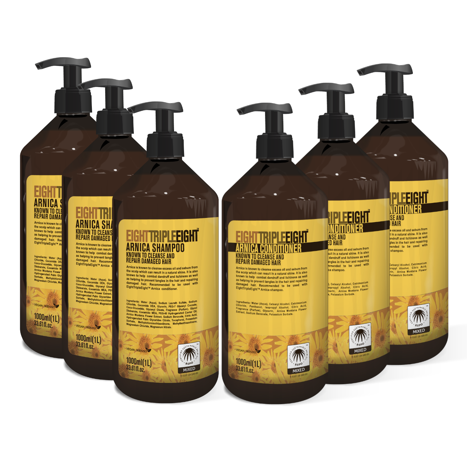 EightTripleEight Arnica Hair Care Set 3x Shampoo & 3x Conditioner - 1L
