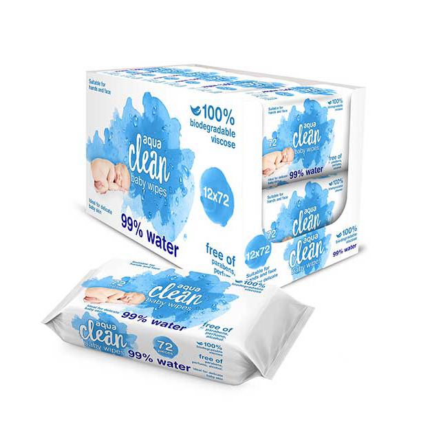 12 PACKS AQUA CLEAN BABY WIPES 99% WATER (72 WIPES PER PACK) BIODEGRADABLE