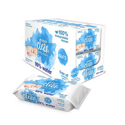 12 PACKS AQUA CLEAN BABY WIPES 99% WATER (72 WIPES PER PACK) BIODEGRADABLE
