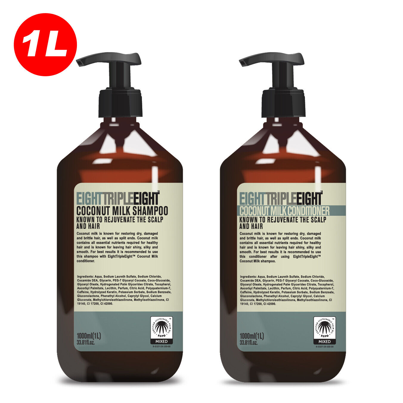 EightTripleEight Coconut Milk Hair Care Set - 1L Shampoo & 1L Conditioner
