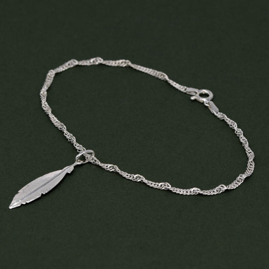 Genuine 925 Sterling Silver 10" Singapore Chain Anklet With Feather Pendant