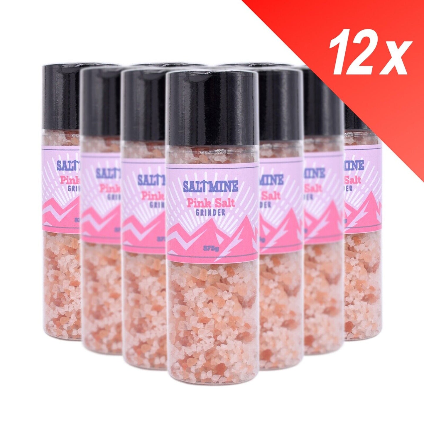 12x Saltmine Pink Rock Salt Himalayan Pink Salt Grinder 375g