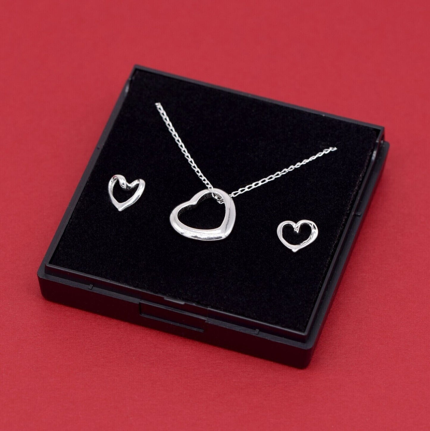 Genuine 925 Sterling Silver Floating Heart Necklace & Earring Set in Gift Box