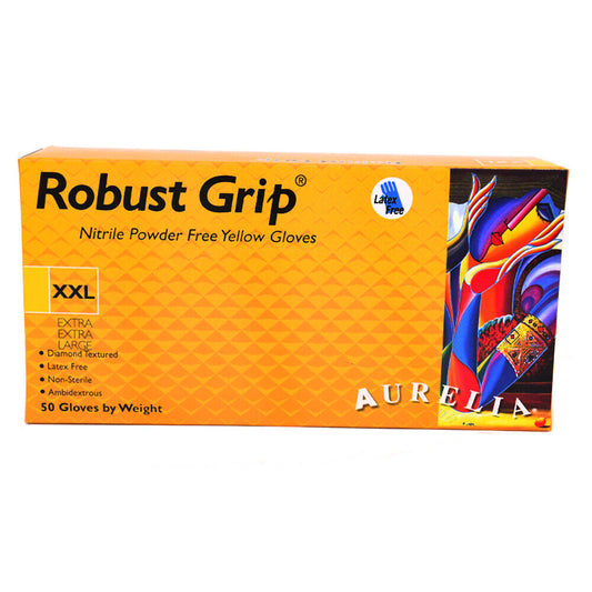 50 x Aurelia Robust Grip Yellow Powder Free Nitrile Gloves XXL