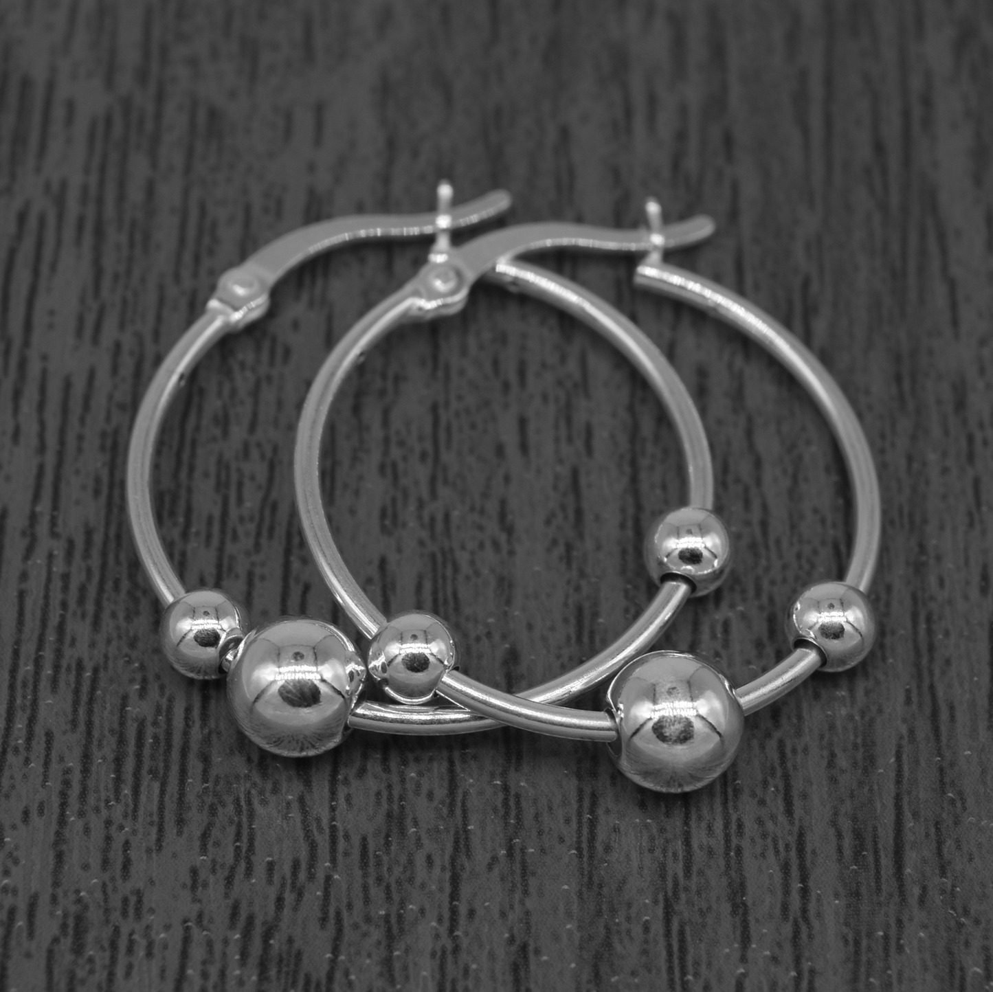 Genuine 925 Sterling Silver Creole Style Beaded Hoop Earrings 25mm