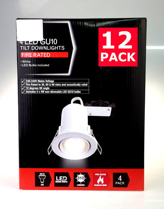 12 x Fire Rated Fixed Tilt LED GU10 Recessed WHITE Spotlights Downlights 4W UK