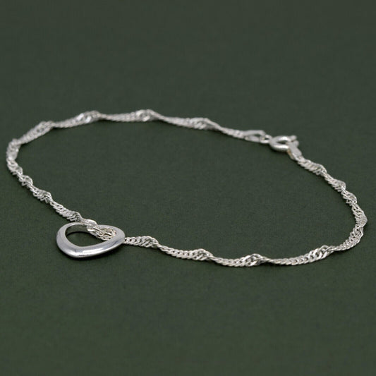 Genuine 925 Sterling Silver 10" Singapore Chain Anklet W/ Floating Heart Pendant