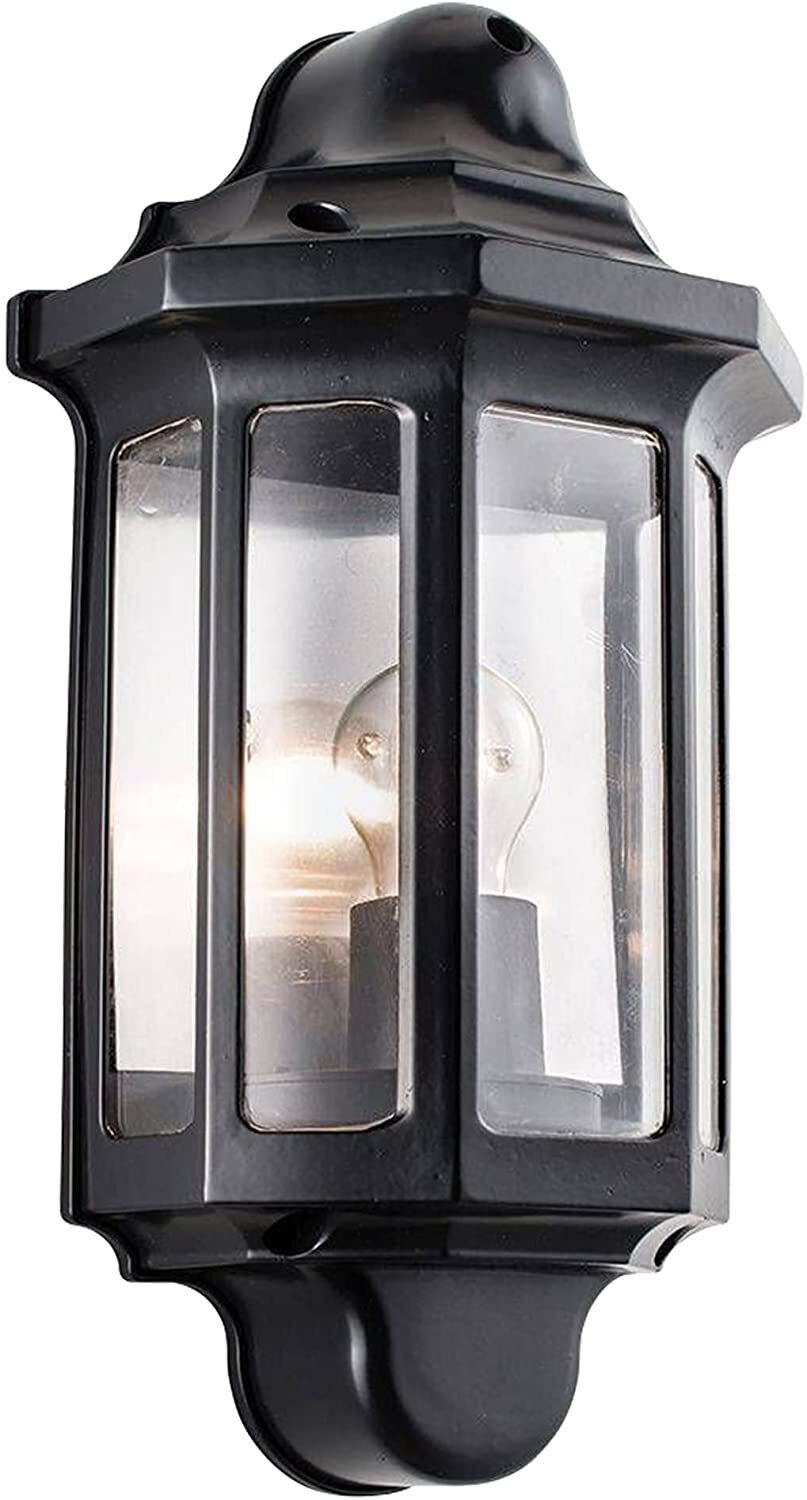 2x LAP Half Lantern Wall Light 15W LED E27 GLS IP44 Matt Black -Clear PC Non-Dim