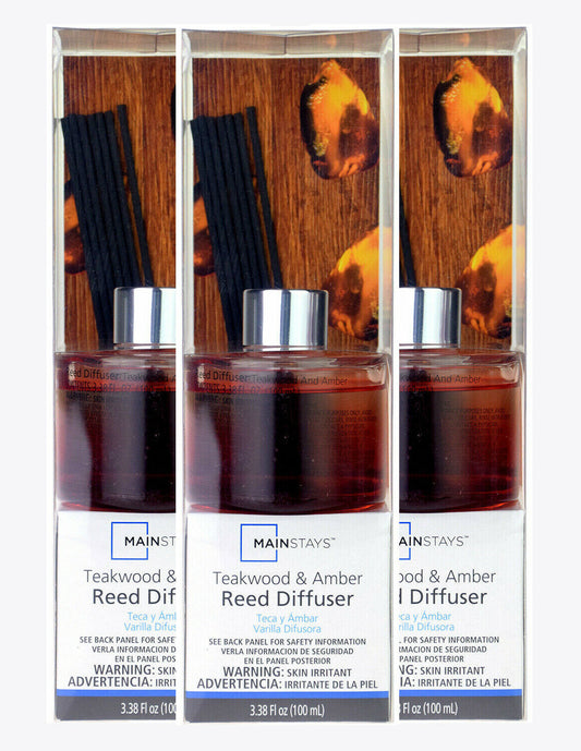 3x Mainstays Teakwood & Amber Premium Quality Oil Rattan Reed Diffuser 100ml