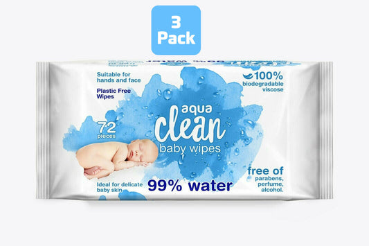 3 PACKS AQUA CLEAN BABY WIPES 99% WATER (72 WIPES PER PACK) BIODEGRADABLE